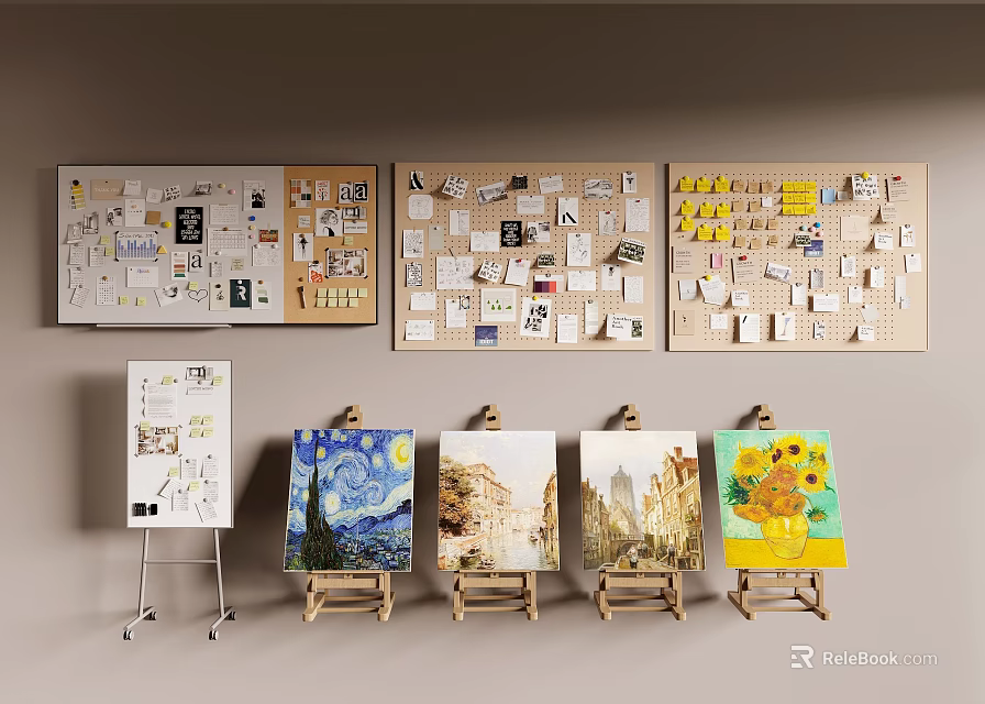 Art Supplies Display with Easels Holding Paintings and Cork Boards Covered in Notes 3d model 
