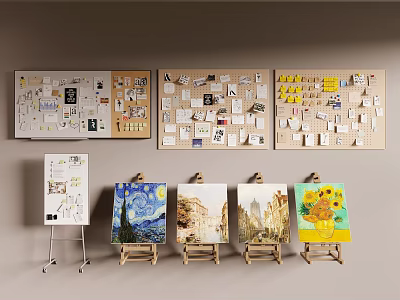 Art Supplies Display with Easels Holding Paintings and Cork Boards Covered in Notes 3d model