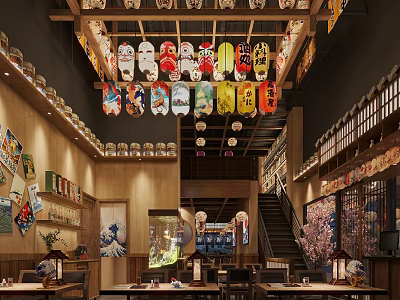 Traditional Japanese Restaurant Interior With Hanging Lanterns Wooden Decor And Cozy Dining Area 3d model