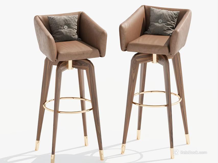 Modern Brown Upholstered Bar Stools With Gray Cushion Wooden Legs And Gold Metal Accents 3d model 