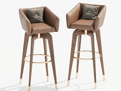 Modern Brown Upholstered Bar Stools With Gray Cushion Wooden Legs And Gold Metal Accents 3d model