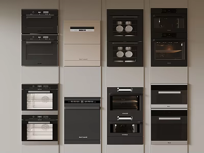 Stylish Kitchen Appliances With Various Built In Ovens And Microwaves Arranged In Wall Cabinets 3d model