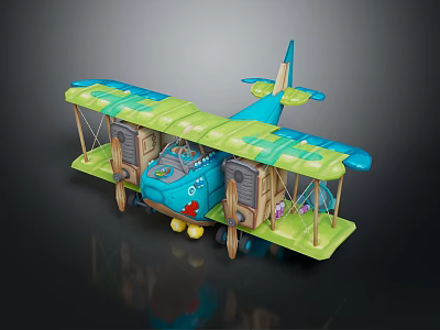 Colorful Cosmic Biplane Toy with Blue Green Design Wooden Parts and Cartoon Face for Kids 3d model