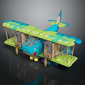 Colorful Cosmic Biplane Toy with Blue Green Design Wooden Parts and Cartoon Face for Kids