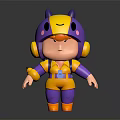 Cartoon 3D Character With Purple Yellow Outfit Horned Creature Helmet Pink Accents And Orange Boots