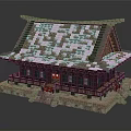Traditional Ancient Architecture With Snow Covered Roof Wooden Frame Stone Steps And Red Door