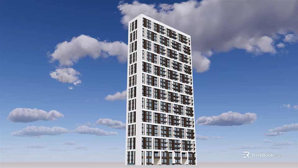 Modern High Rise Apartment Building With Glass Facade Against Blue Sky And Clouds 3d model 