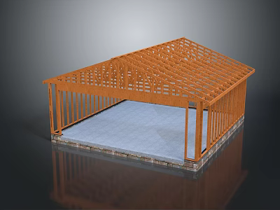 Wooden Garage Frame Structure With Roof Trusses And Concrete Base Foundation 3d model