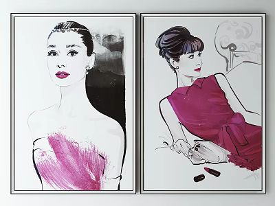 Stylish Female Portrait Art With Pink Dresses And Makeup Items On 3d model
