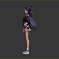 Anime Girl 3D Model With Purple Long Hair Cat Ears White Black Jacket Pink Skirt Sneakers