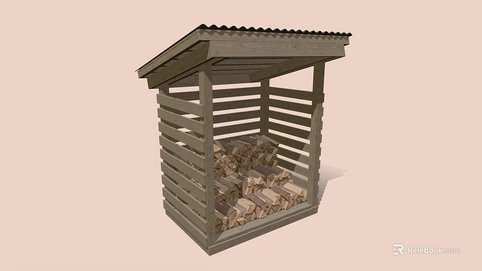 Wooden Firewood Storage Shed With Slatted Sides Roof And Stacked Logs Inside 3d model 