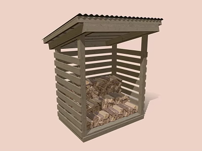 Wooden Firewood Storage Shed With Slatted Sides Roof And Stacked Logs Inside 3d model