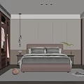 Elegant Modern Bedroom Interior With Wooden Wardrobe Pendant Light Bed Pillows And Cozy Rug