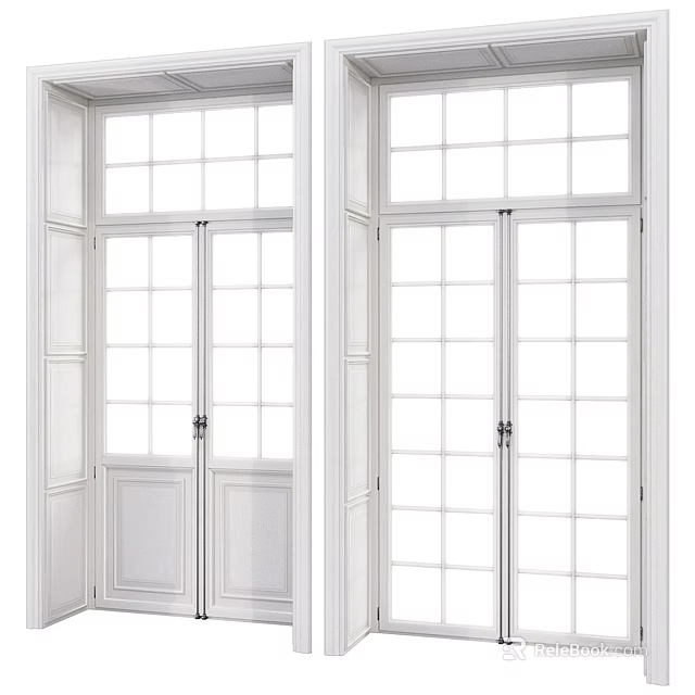 White Double Casement Windows With Grid Glass Panes For Interior Design 3d model 