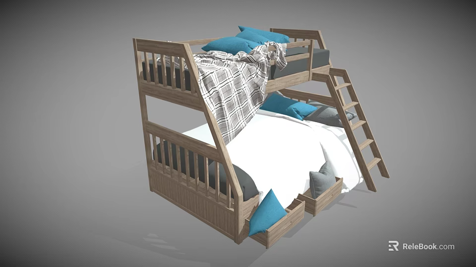 Wooden Bunk Bed Design With Blue Pillows Plaid Blanket Storage Drawers And Ladder 3d model 