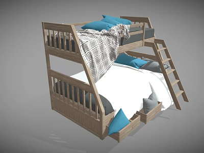 Wooden Bunk Bed Design With Blue Pillows Plaid Blanket Storage Drawers And Ladder 3d model