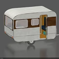 Vintage Travel Trailer With White Exterior Wooden Panel Windows Open Door And Wheels