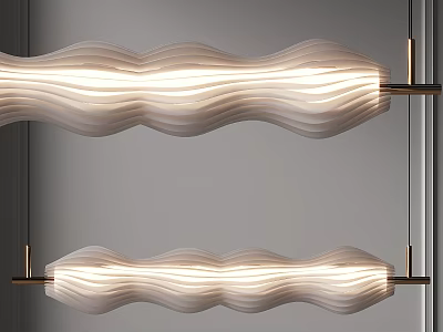 Modern Wavy White Chandelier with Illuminated Fabric Shade and Metal Support Rods 3d model