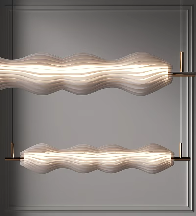 Modern Wavy White Chandelier with Illuminated Fabric Shade and Metal Support Rods 3d model