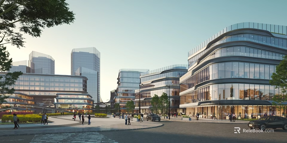 Modern Urban Architecture With Glass Facades Pedestrians And Vehicles In Square Area 3d model 