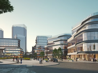 Modern Urban Architecture With Glass Facades Pedestrians And Vehicles In Square Area 3d model
