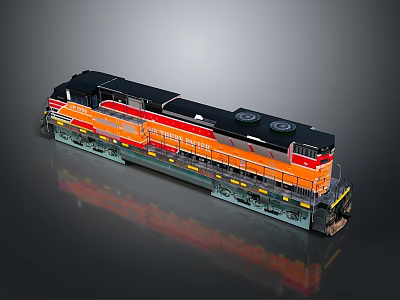 Black and Orange Train Locomotive Model With Detailed Structure On Gray Background 3d model