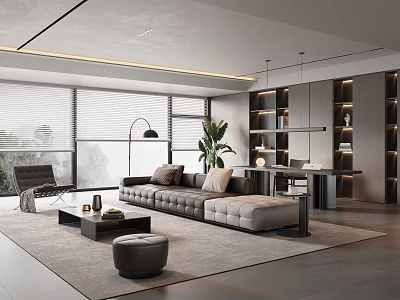 Modern Living Room Interior Design With Large Windows Plush Sofa And Built in Bookshelves 3d model
