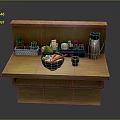Wooden Kitchen Counter With Bowl Of Food Chopsticks Stainless Steel Thermos And Spice Bottles