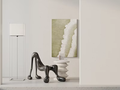 Black Abstract Design Chair With White Side Table Green White Gradient Art And Floor Lamp 3d model