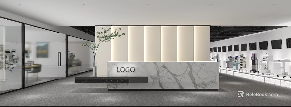 Modern Reception Area With Marble Desk Logo Green Plant And Soft Lighting 3d model 