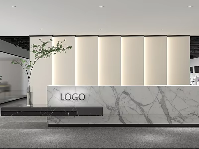 Modern Reception Area With Marble Desk Logo Green Plant And Soft Lighting 3d model