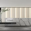 Modern Reception Area With Marble Desk Logo Green Plant And Soft Lighting
