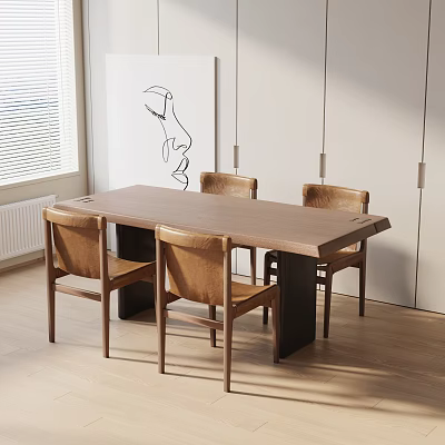Minimalist Wooden Dining Table Set With Four Leather Chairs And Natural Light 3d model