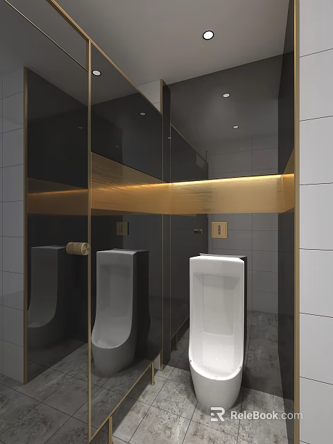 Modern Public Restroom With Urinals Glass Partitions Gold Accents And White Tiled Walls 3d model 