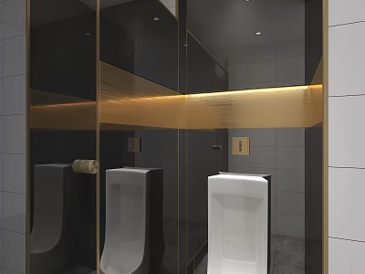 Modern Public Restroom With Urinals Glass Partitions Gold Accents And White Tiled Walls 3d model