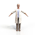 Elderly Man In White Long Coat Blue T-shirt And Brown Pants With Arms Outstretched