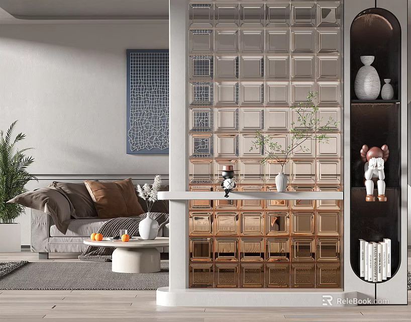 Glass Block Partition Separating Living Area With Decorative Shelf Plants Teddy Bear Vase And Books 3d model 