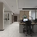 Modern Public Office Space Design With Long Wooden Desk Chairs Shelves And Decorative Items
