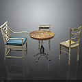 Decorative Wooden Furniture Set With Round Table Two Chairs Blue Cushion And Side Table
