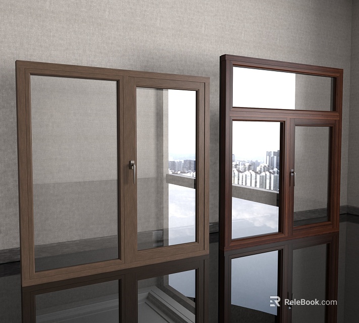 Wooden Casement Windows Double Panel Design With Gray Wall Interior And City View 3d model 