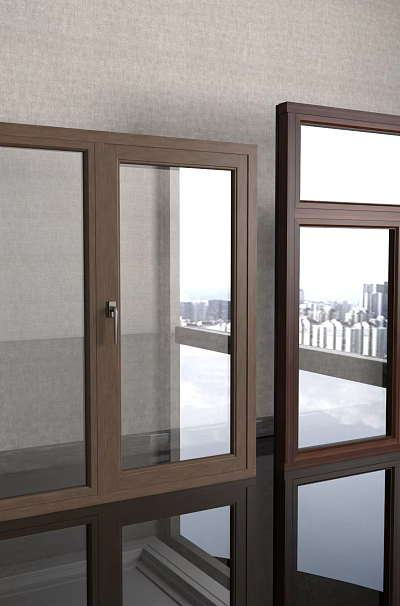 Wooden Casement Windows Double Panel Design With Gray Wall Interior And City View 3d model
