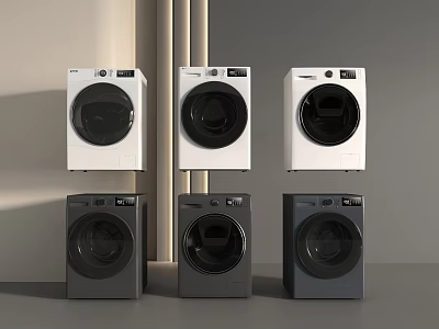 Six Modern Front Loading Washing Machines In White And Gray Displayed Together 3d model
