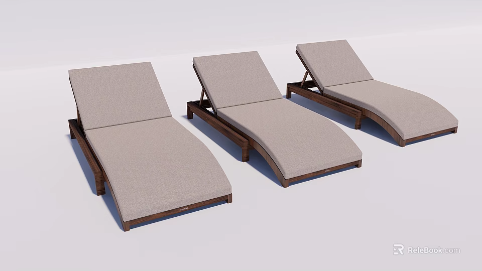 Three Outdoor Lounge Chairs With Wooden Frame And Cushioned Beige Seats 3d model 