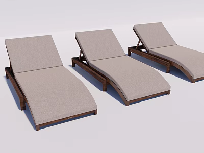 Three Outdoor Lounge Chairs With Wooden Frame And Cushioned Beige Seats 3d model