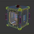 Industrial Safety Cube Device With Yellow Black Warning Stripes Transparent Window And Green Liquid