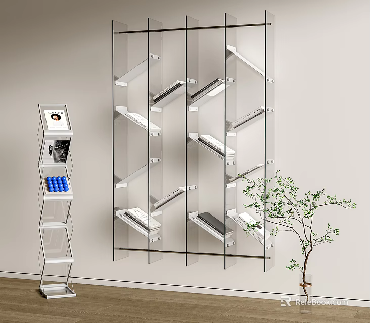 Modern Glass Wall Mounted Bookcase With Multiple Shelves And Green Plant 3d model 
