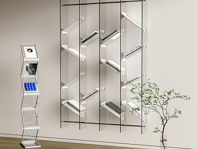 Modern Glass Wall Mounted Bookcase With Multiple Shelves And Green Plant 3d model