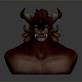 Fierce Game and Movie Character With Red Fur Green Eyes Sharp Horns And Fangs