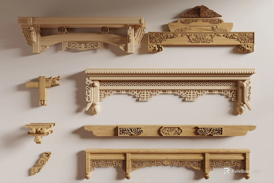 Various Traditional Wooden Carved Architectural Components Collection With Intricate Carvings 3d model 