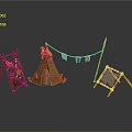 Rustic Teepee Tent Setup With Decorative Clothesline And Fabric Display Stands